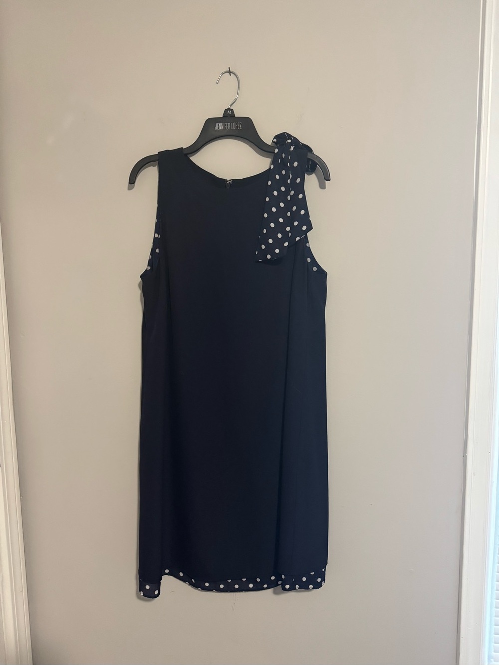 Sleeveless Navy Polka Dot Trim Shift Dress